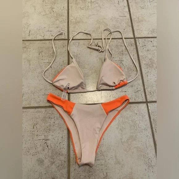 💜 Zaful Ribbed Orange and Tan Color-Block Bikini Set - Size Small - Picture 4 of 8